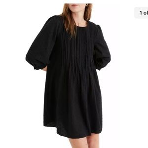 Madewell embroidered cotton pintuck babydoll puff sleeve dress black xs euc